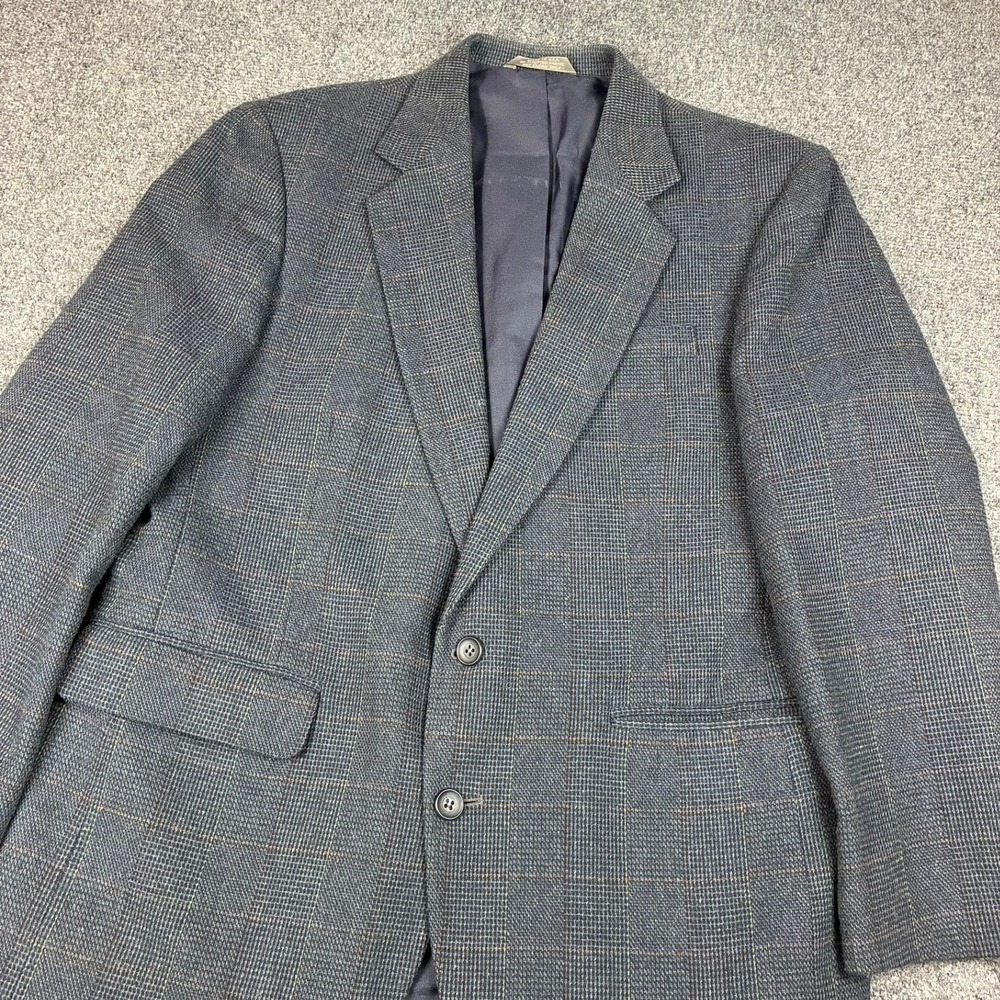Haggar Mens Plaid Blazer Sport Coat Grey Blue Windowpane Two‎ Button Jacket 42